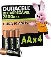 Duracell Pilha Recarregável AA 2500mAh Pequena Com 4 Unidades – Ideal para Controle Xbox™, Câmeras Digitais e Brinquedos de Alto Consumo