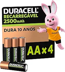 Duracell Pilha Recarregável AA 2500mAh Pequena Com 4 Unidades – Ideal para Controle Xbox™, Câmeras Digitais e Brinquedos de Alto Consumo