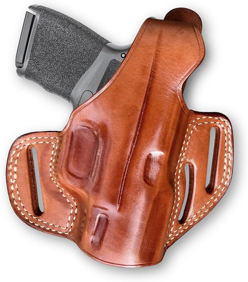 Premium Leather OWB Three Slot Pancake Holster with Thumb Break for Hellcat 3” Barrel, Right Hand Draw, Brown Color #1524#