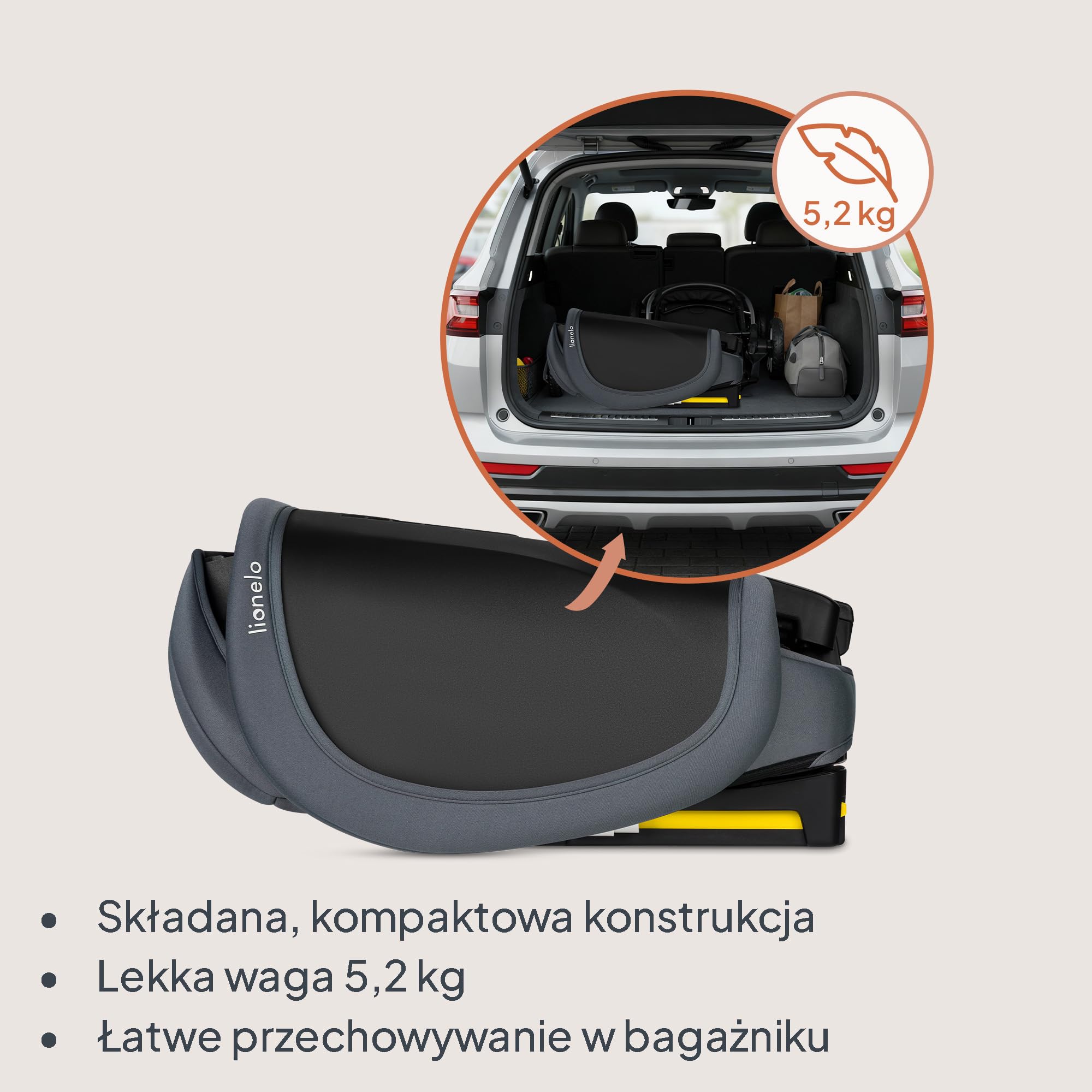 LIONELO Bezpieczny Składany Fotelik Samochodowy I-Size R129 Z ISOFIX Podróżny z Torbą Transportową i Uchwyt Na Kubek 14-Stopniowa Regulacja Zagłówka Regulowane Oparcie dla Dzieci 100–150 Cm 3–12 lat | Od 3,5 do 12 lat, 4 pozycje leżenia, 14-stopniowy zagł