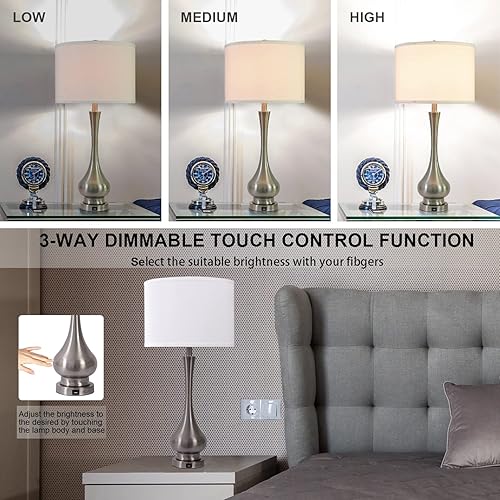 Miniatura 5 de Juego de 2 lámparas táctiles para dormitorio, regulables de 3 vías, con pantalla de tela de lino, lámpara de noche con puerto USB y enchufe E26,