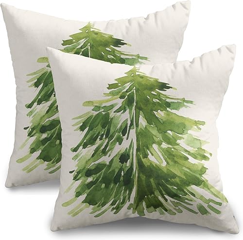 Miniatura 8 de Juego de 2 fundas de almohada de árbol de Navidad en acuarela de 18 x 18 pulgadas, diseño rústico de pino verde con estampado de pinos para