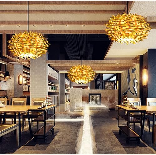 Miniatura 5 de CHENKUI Lámpara de arte de ratán vintage, lámpara de araña tejida hueca para cocina, lámpara colgante de techo tejida a mano, mimbre de bambú, cesta