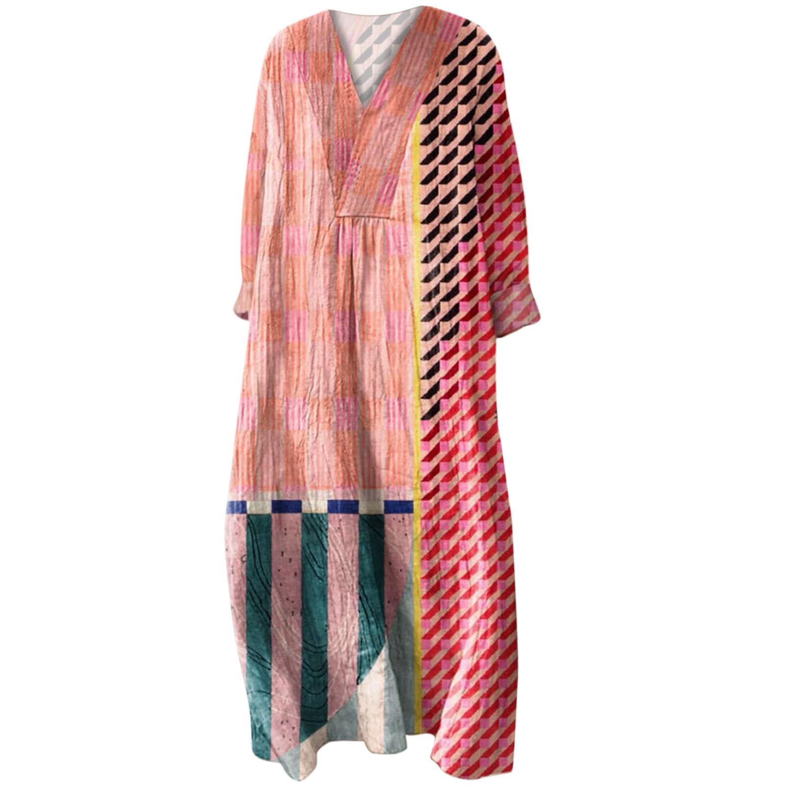 Freizeitkleider Damen Mittellang Lufting - Etuikleid Damen Langarm Elegant Sweatkleid V-Ausschnitt Knöchellanges Kleid Leinen Bunt Kleider Mollig Blumen Komfortabel Maxikleid Sommerkleid