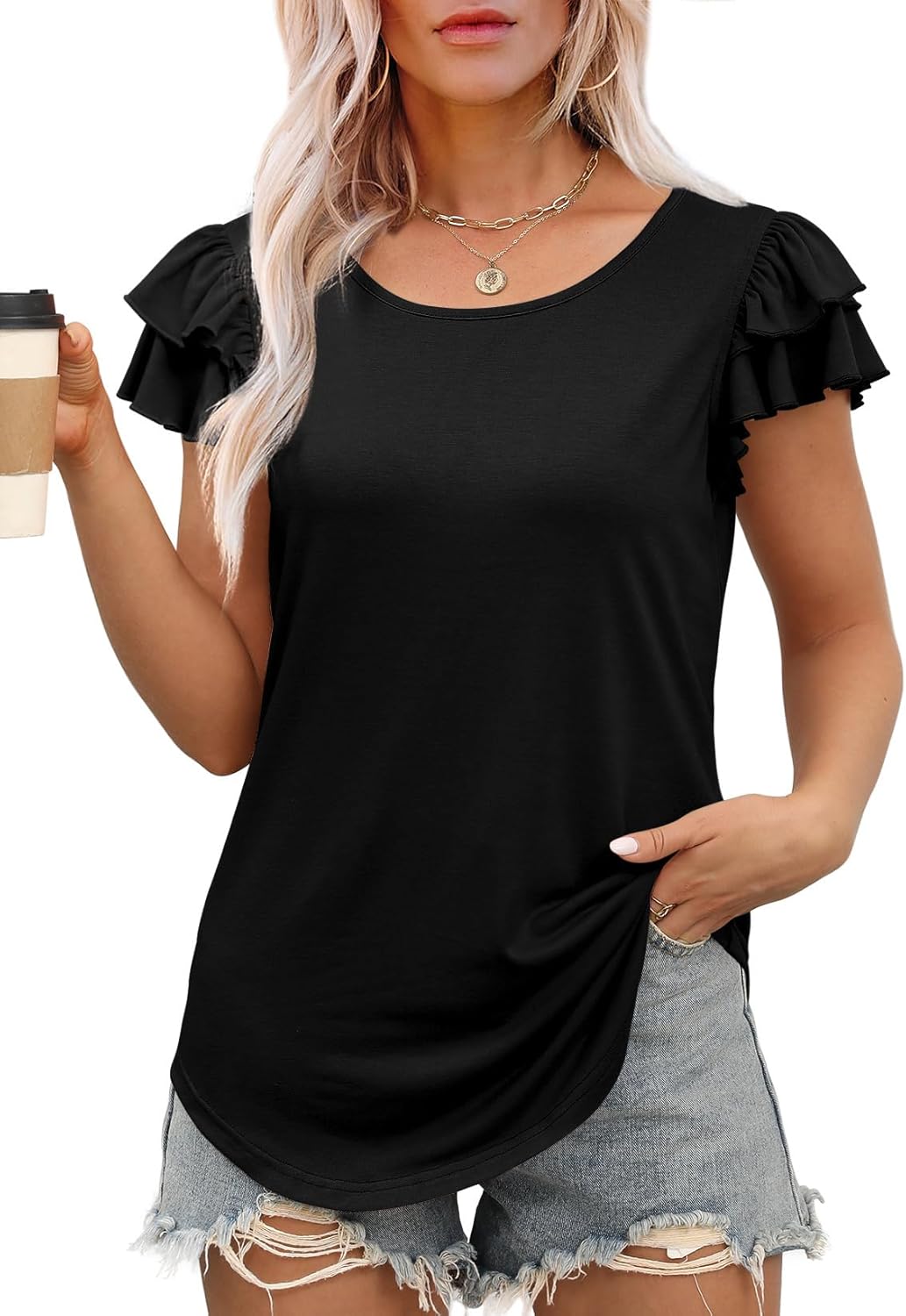 WEESO Womens T Shirts Ruffle Short Sleeve Summer Tops Cute Crew Neck Casual Blouses - Image 2