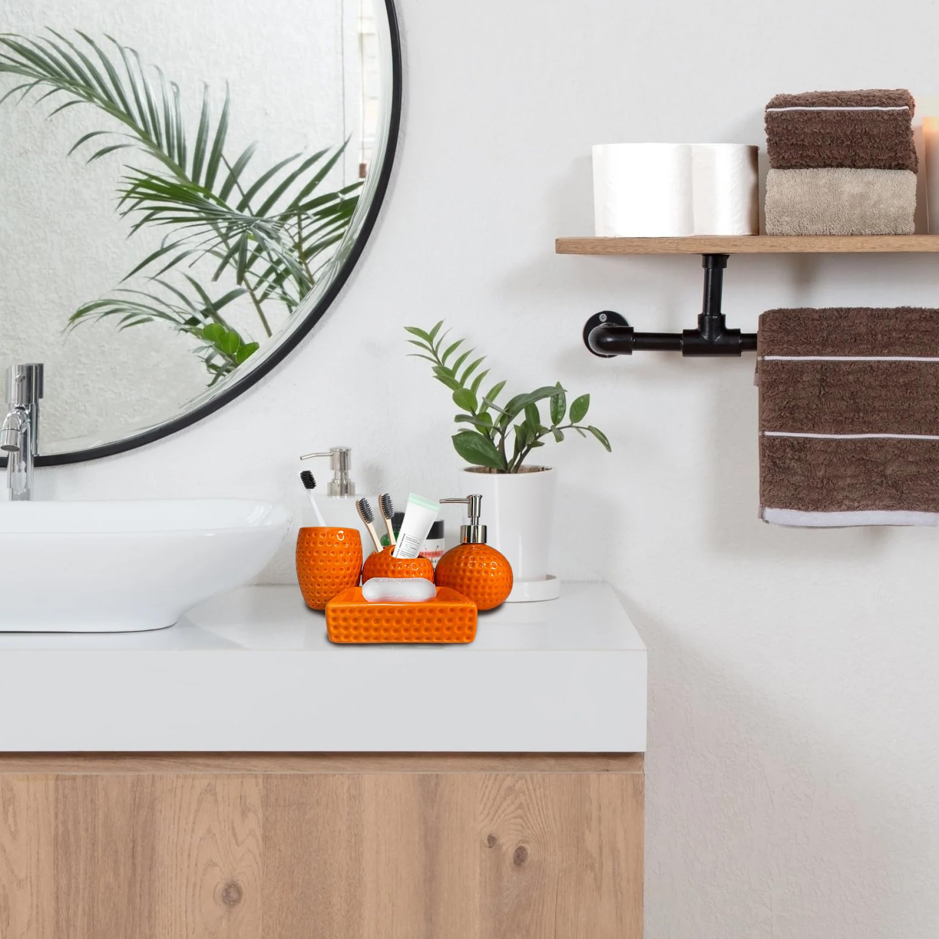 Set Da Bagno Arancione In Ceramica Da 4 Pezzi: Portaspazzolino, Bicchiere, Dispenser Lozione E Portasapone Per Casa E Hotel