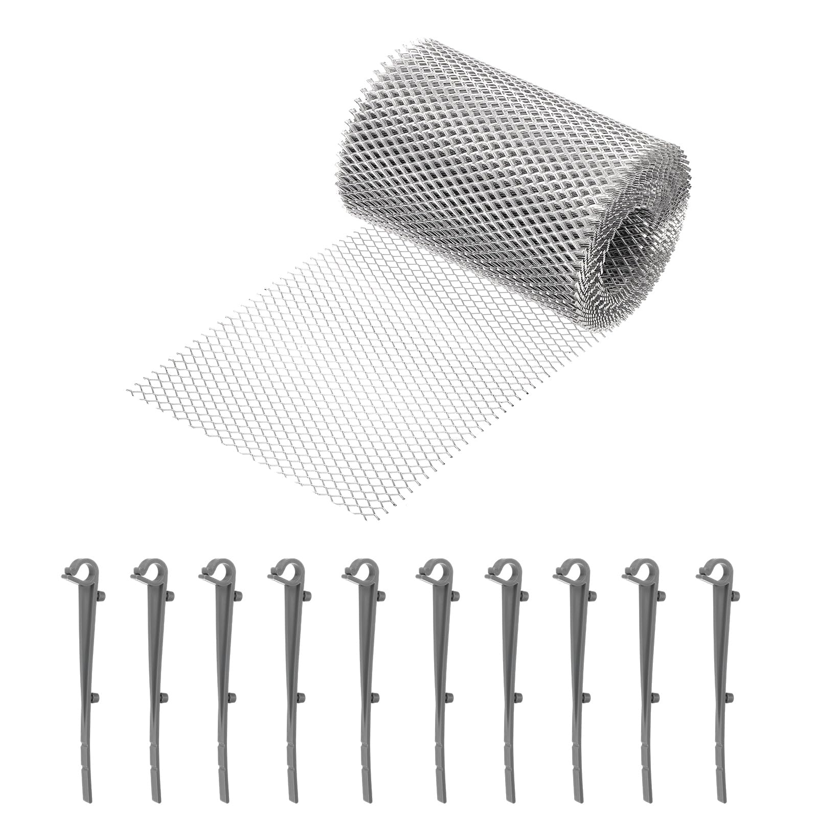 sourcing map Aluminum Gutter Guard Mesh Roll, 15cm x 6.1m / 5.9inch x 20ft Gutter Guard, Thickened Mesh Guards Leaf Protector with Gray Clips from Leaves, Twigs, Branches, Debris