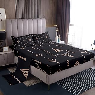 Erosebridal Bull Skull Bed Sheets Set Queen Size Boho Sheets Ethnic Horns Tribal Symbol Mysterious Aztec Bedroom Decor Abstract Geometric Flat Fitted Sheet Set for Men Boys