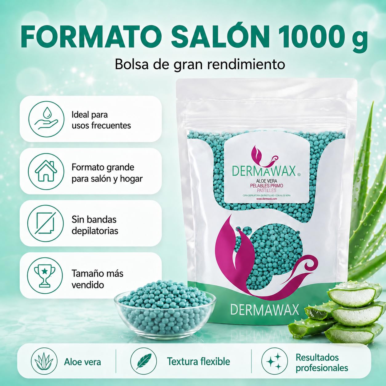 Perlas de Cera Aloe Vera 1 kg Profesional – Cera Depilatoria Sin Bandas para Piel Sensible, Brasileña, Facial y Corporal – Dermawax