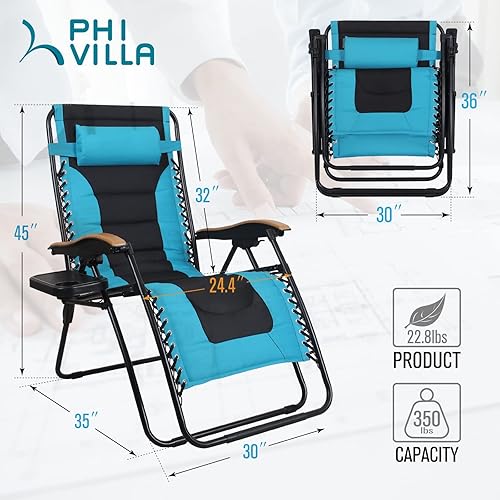 Miniatura 7 de PHI VILLA Silla de gravedad cero de gran tamaño, acolchada XL para patio, reclinable, con soporte para tazas, soporta 350 libras (aguamarina)
