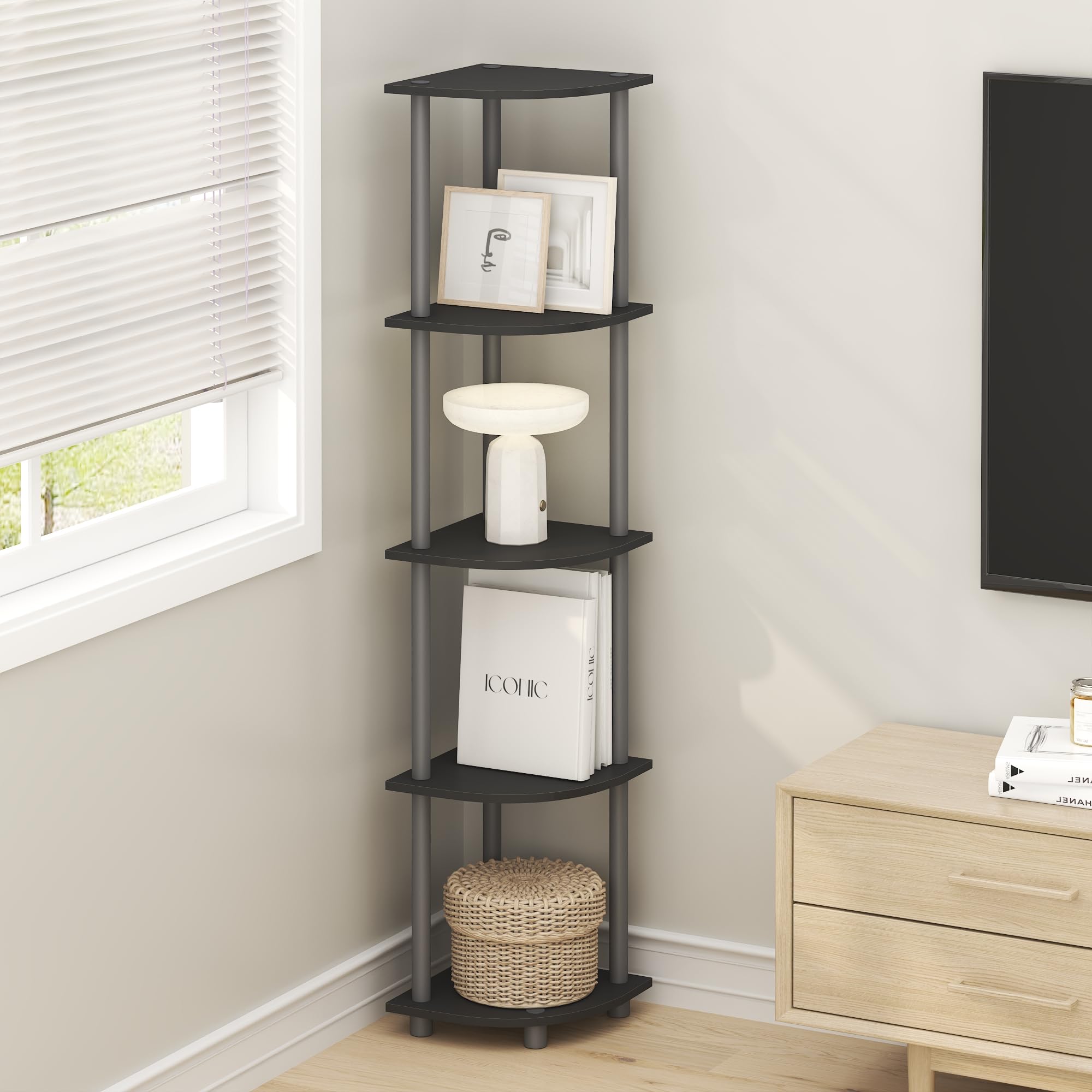 Furinno TURN-N-TUBE Scaffale Angolare, Libreria Angolare a 5 Ripiani, Scaffali di Stoccaggio Aperti, per Organizzazione e Ripostiglio, Soggiorno, Home Office, Garage, Camera da Letto, Nero Semplice