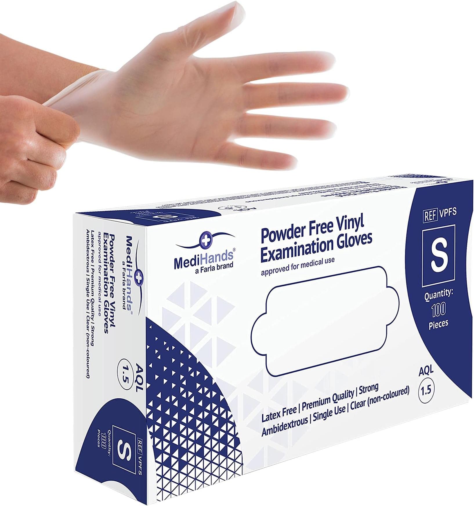 MediHands Vinyl Clear Small Gloves, Disposable Surgical Gloves, Box of 100, Powder Free, Latex Free, Protein Free, Medical, Food, Multi-Use