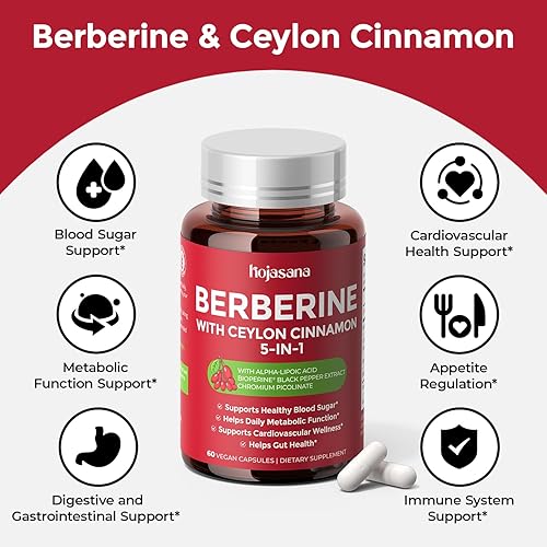 Miniatura 2 de HojaSana 500 mg de berberina con canela de Ceilán para azúcar en la sangre, colesterol y metabolismo*  Suplemento de berberina sin gluten, sin OMG y