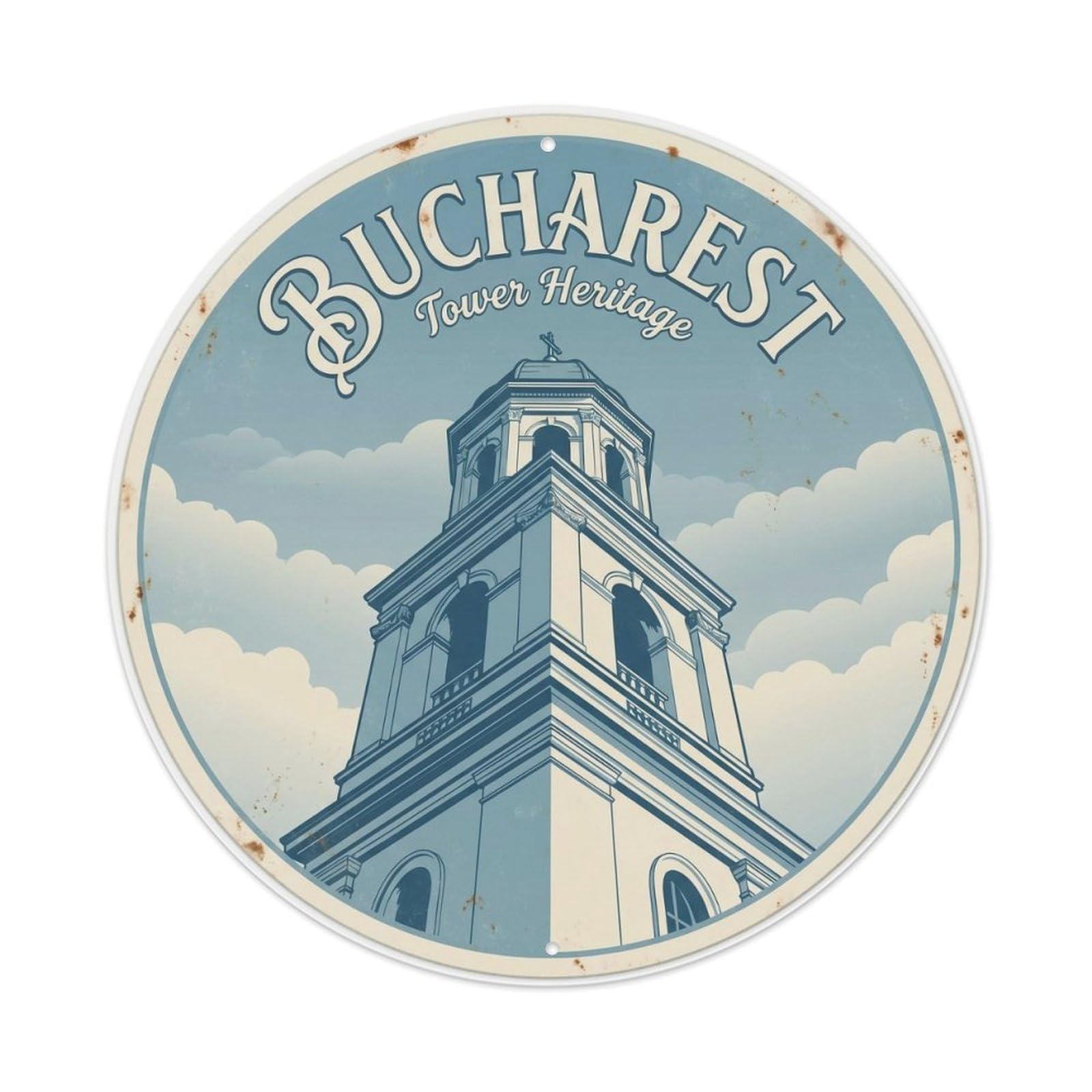Fqcyn Style Vintage Travel Bucharest Cathedral Tower 1 Metal Tin Sign