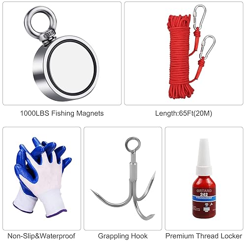 Miniatura 2 de Grtard Kit de pesca con imán de 1000 libras, imanes de pesca de neodimio de doble cara, kit completo de imanes de pesca con imanes súper fuertes