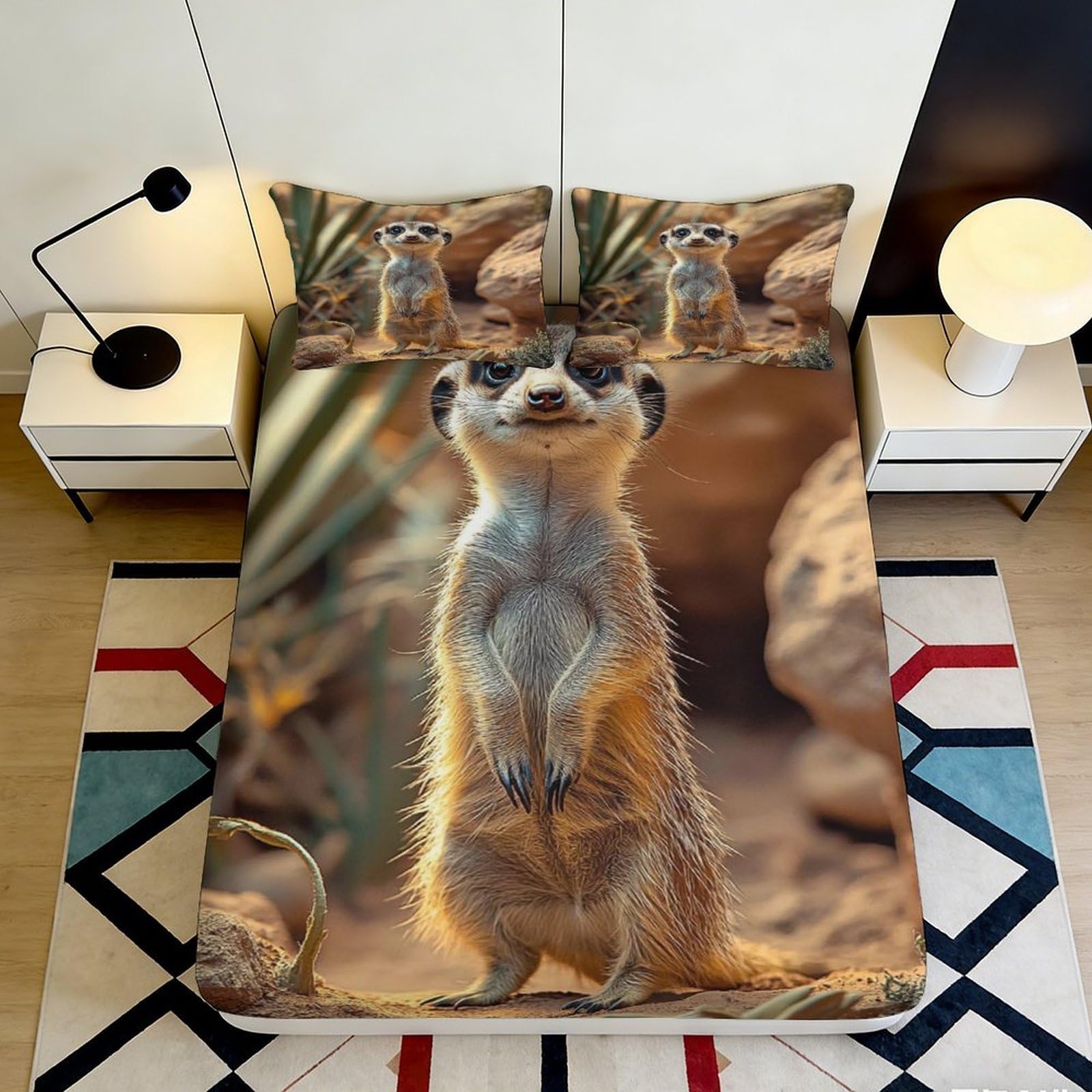 3D Printed Meerkat Animal Fitted Sheet Microfiber Soft Breathable Desert Landscape Bed Cover for Bedroom Dorm 90x200x25cm