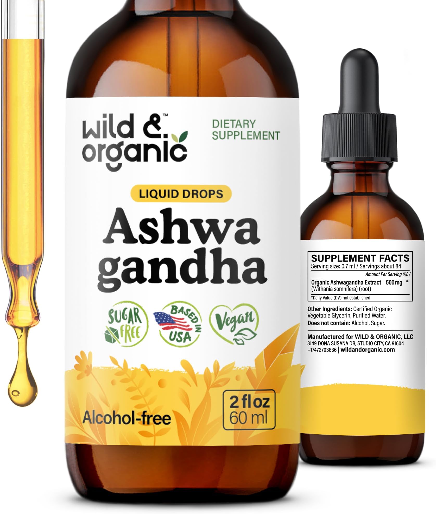 Wild & Organic Ashwagandha Extract Liquid Drops - Relaxation & Calmness Support - 500 mg Ashwagandha for Men & Women - Add to Tea Herbal Supplements - Vegan, Sugar & Alcohol-Free Tincture - 2 fl oz