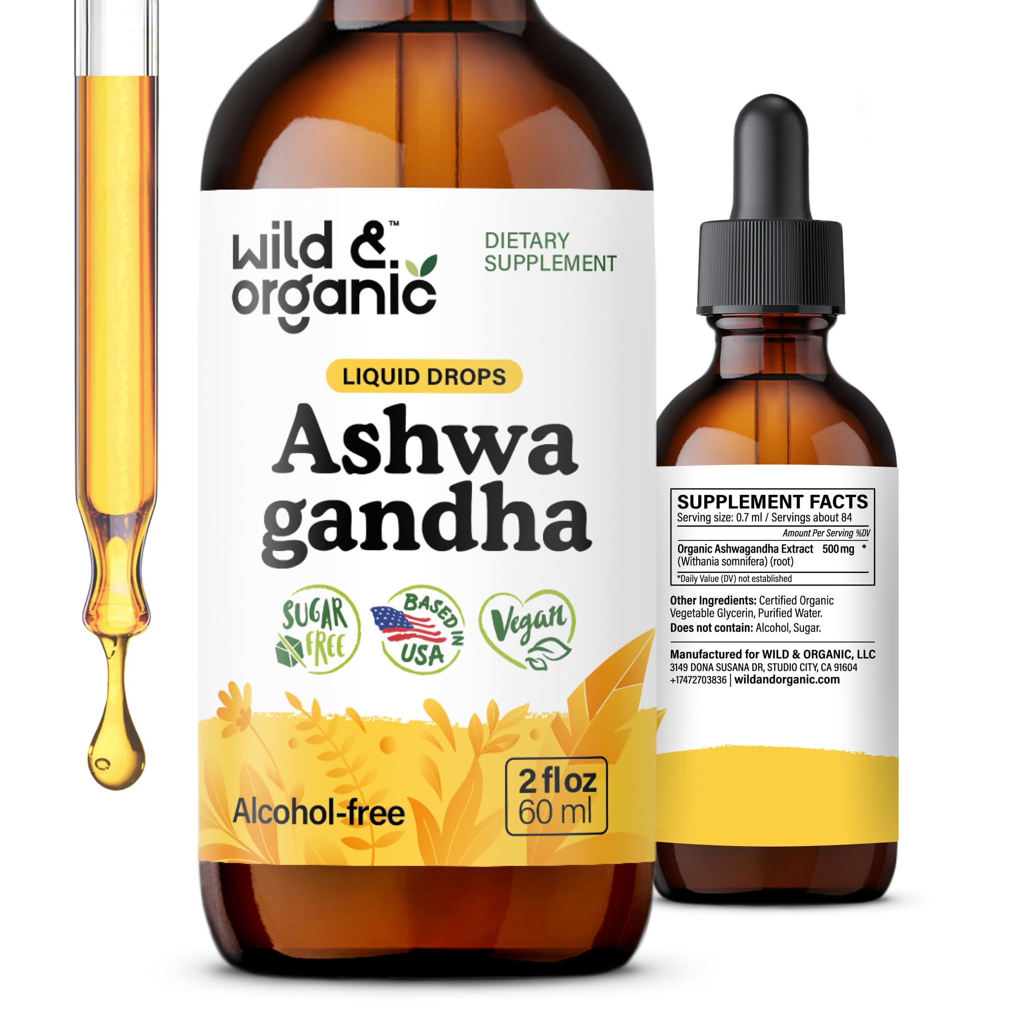 Wild & Organic Ashwagandha Liquid Drops - Calming Ashwagandha Root Extract for Relaxation - 1-Month Supply - Herbal Supplements for Women and Men - Vegan, Sugar & Alcohol-Free Tincture - 2 fl oz