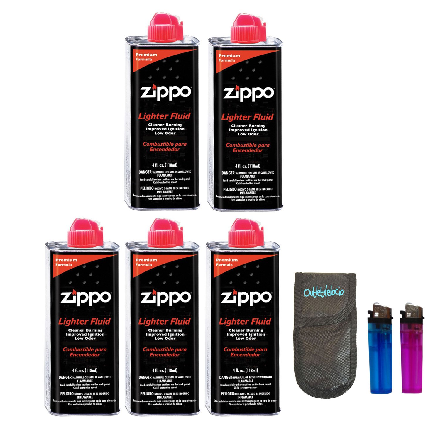 Outletdelocio Pack 5 Gasolina para encendedores 125ml + Funda portamecheros con 2 mecheros.