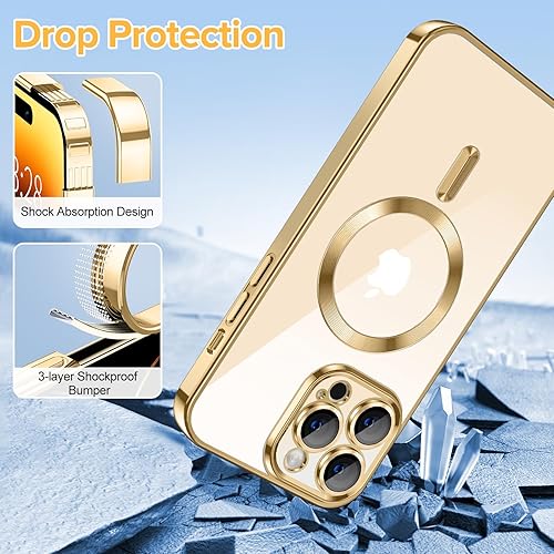 Miniatura 5 de Hython Funda magnética transparente para iPhone 14 Pro con protector de lente de cámara compatible con MagSafe borde chapado de lujo, funda