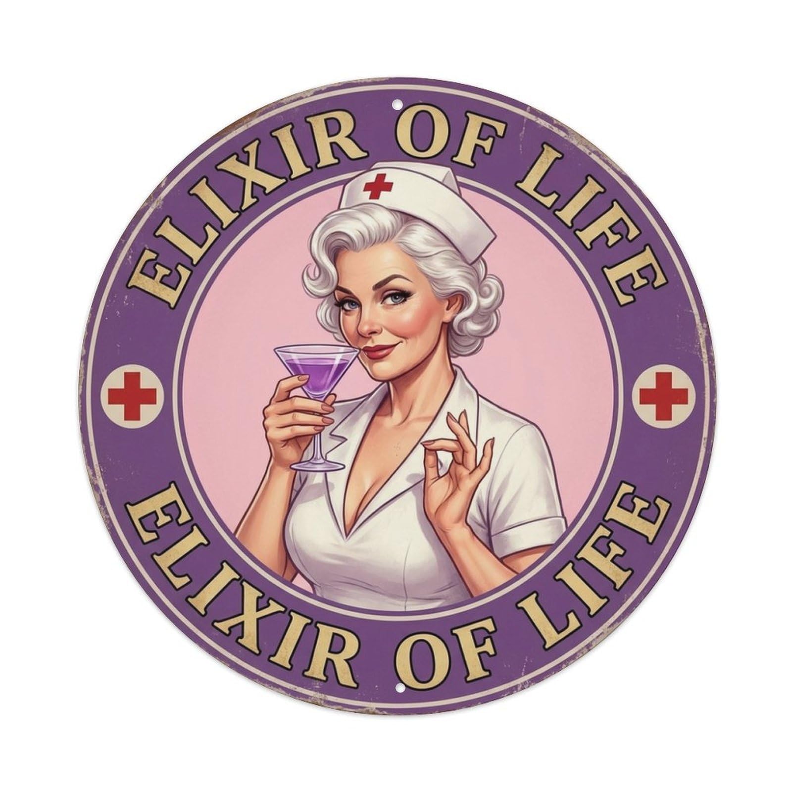 Elixir Of Life Nurse Cocktail Quote Purple Glass Metal Tin Sign