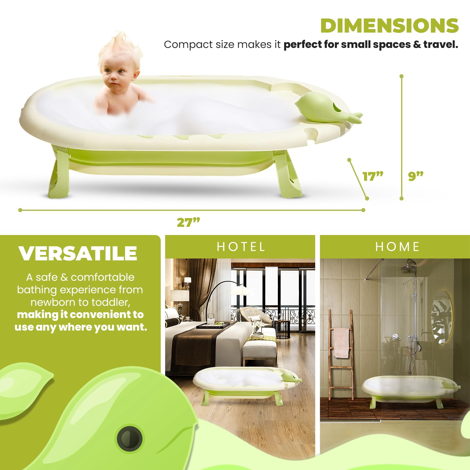 Collapsible Baby Bathtub with Thermometer - Infant Bathtub with Drainage Hole - Baby Bathtub Newborn to Toddler 0-36 Months - Portable - Green