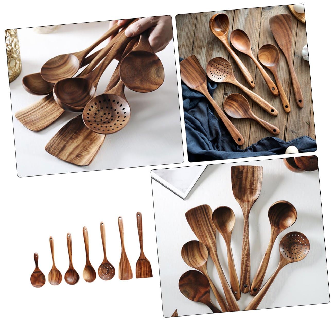 Set di Cucchiai da Cucina in Legno di Acacia 7 Pezzi, Cucchiaini da Tè e Palette Piccole Riutilizzabili, Utensili Ergonomici con Foro Appendibile per Casa, Bar e Ristoranti
