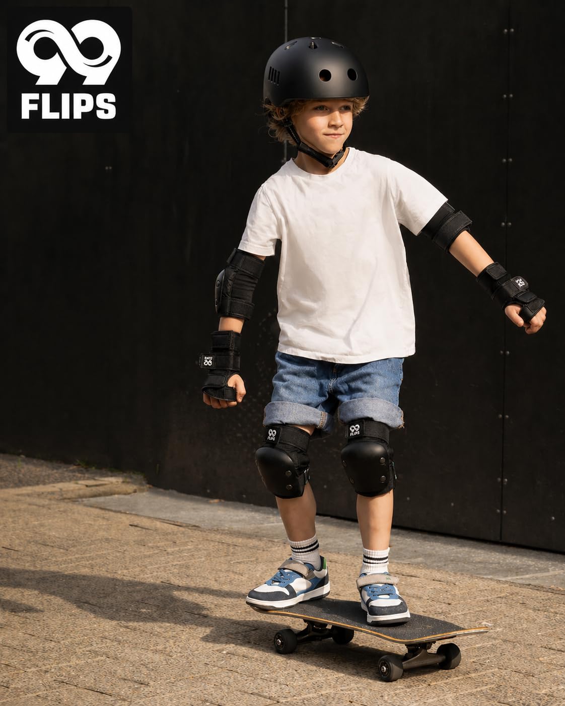 99FLIPS Protection Skateboard Enfant - Protection Velo Enfant 3 Ans - Protege Genoux Skateboard, Skate et Freestyle BMX - Slide - Taille SM Noir