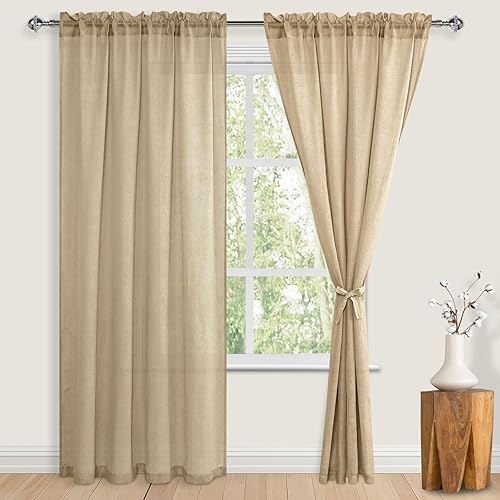JIUZHEN Cortinas traslúcidas de lino verde azulado de 84 pulgadas de largo, juego de 2 paneles con alzapaños, bolsillo para barra, privacidad
