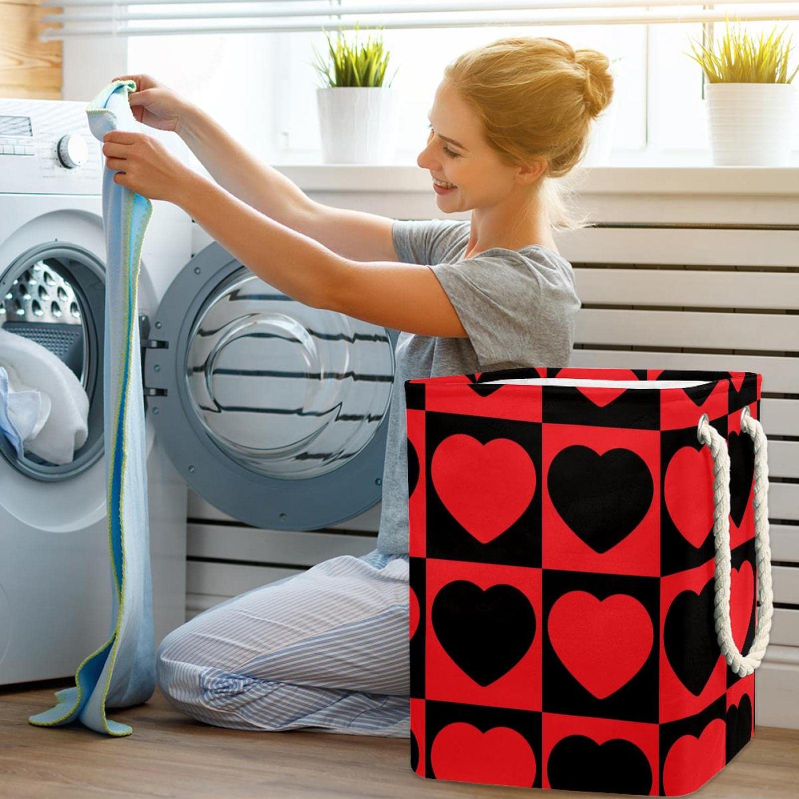 Cesto cuadrado de mosaico de corazón rojo y negro con asas, almacenamiento de ropa en dormitorio, baño, dormitorio