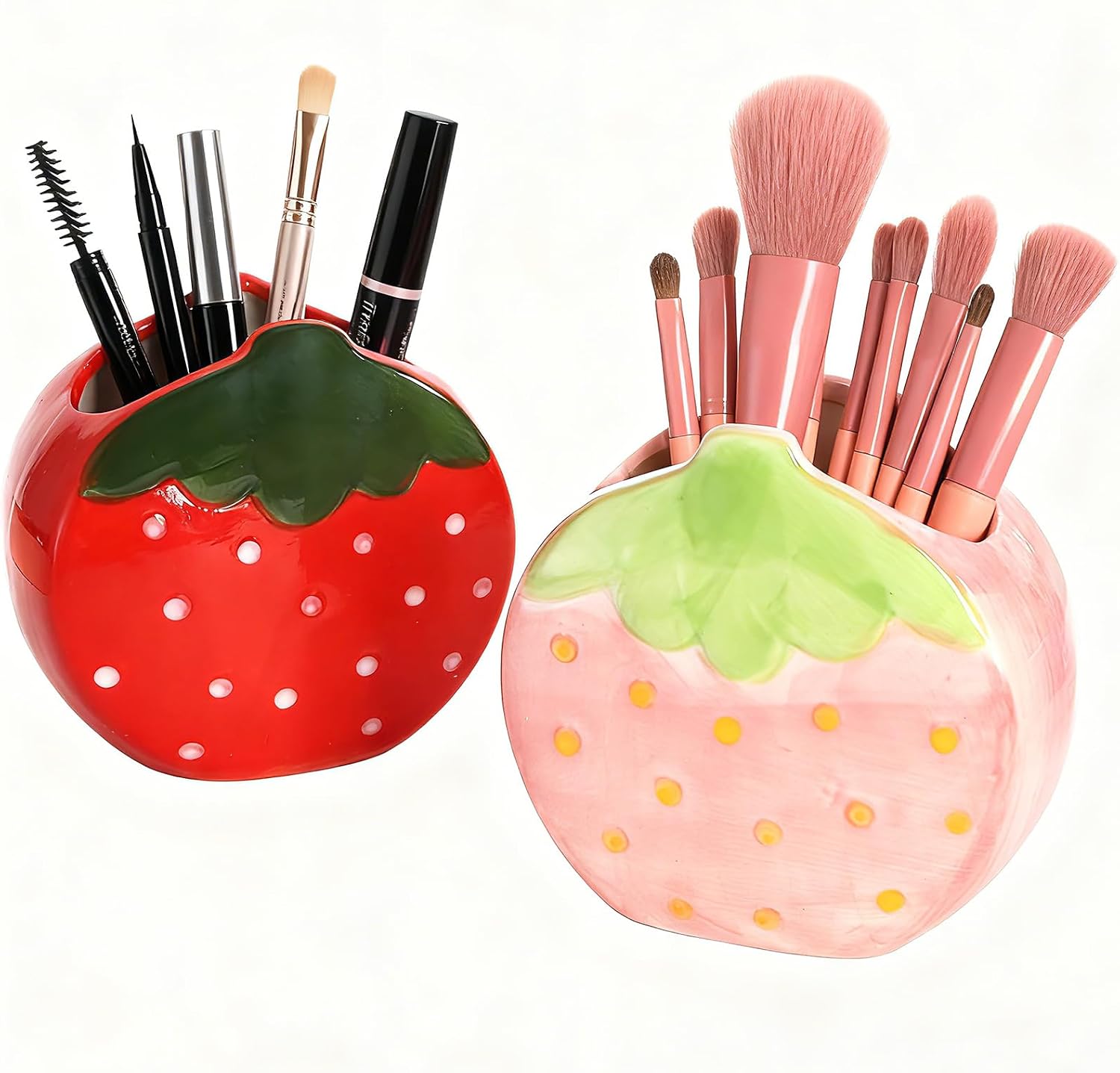 Okllen Set of 2 Ceramic Cute Makeup Brush Holders, Kawaii Strawberry Pen Holder Pink&Red for Desk, Cute Office Home Vanity Decor, Gift for Women Girls
