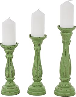 Deco 79 Wooden Decorative Candle Holder Distressed Turned Pillar Candle Stand, Set of 3 Candlestick Holder 15", 13", 11"H, Green