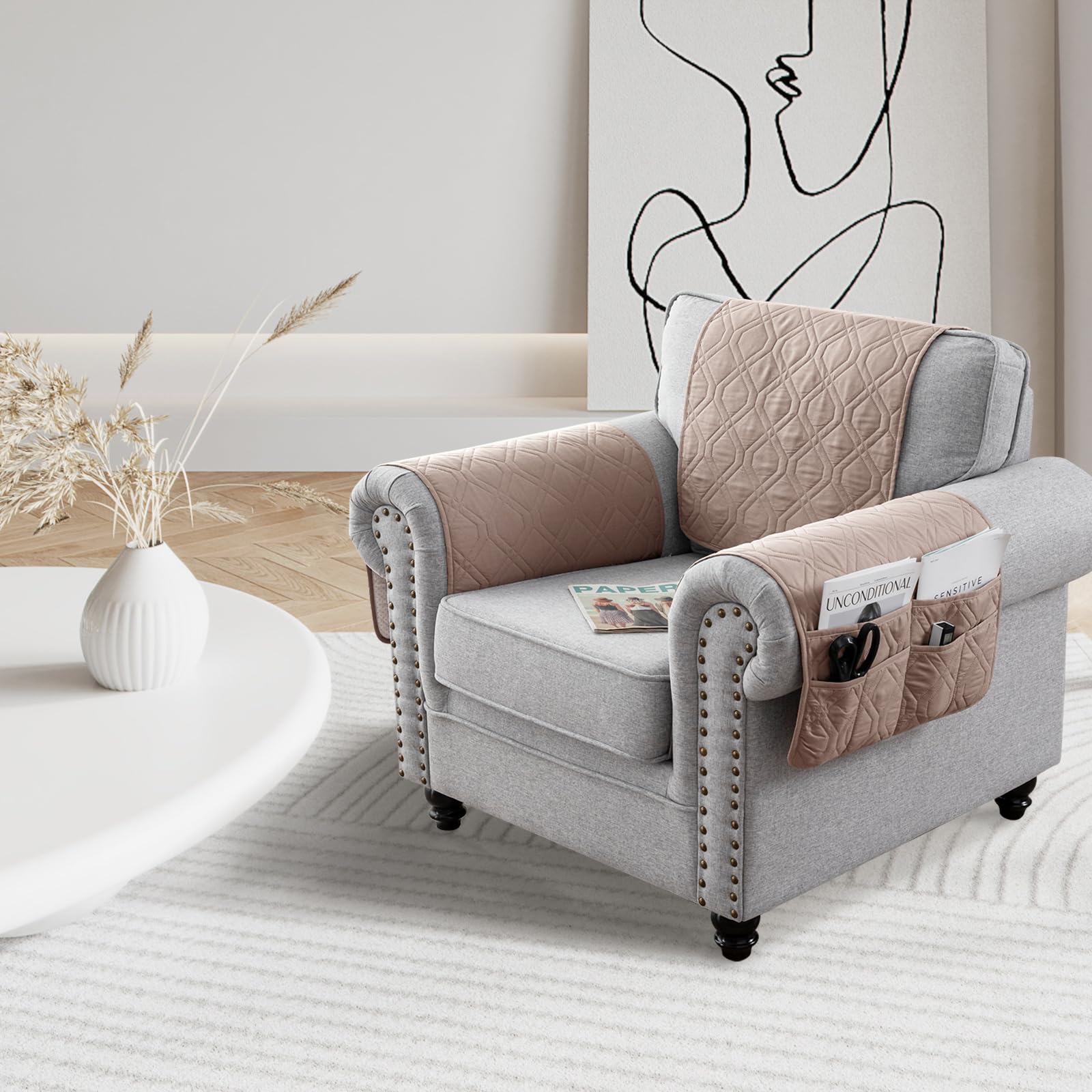 Armrest Covers+Headrest Cover, Non Slip Arm Cover with Storage Pockets & Head Protector Cover Set for Recliner Sofa, Quilted Slipcover Furniture Protector for Pets(Light Brown,1 Person (set of 3))