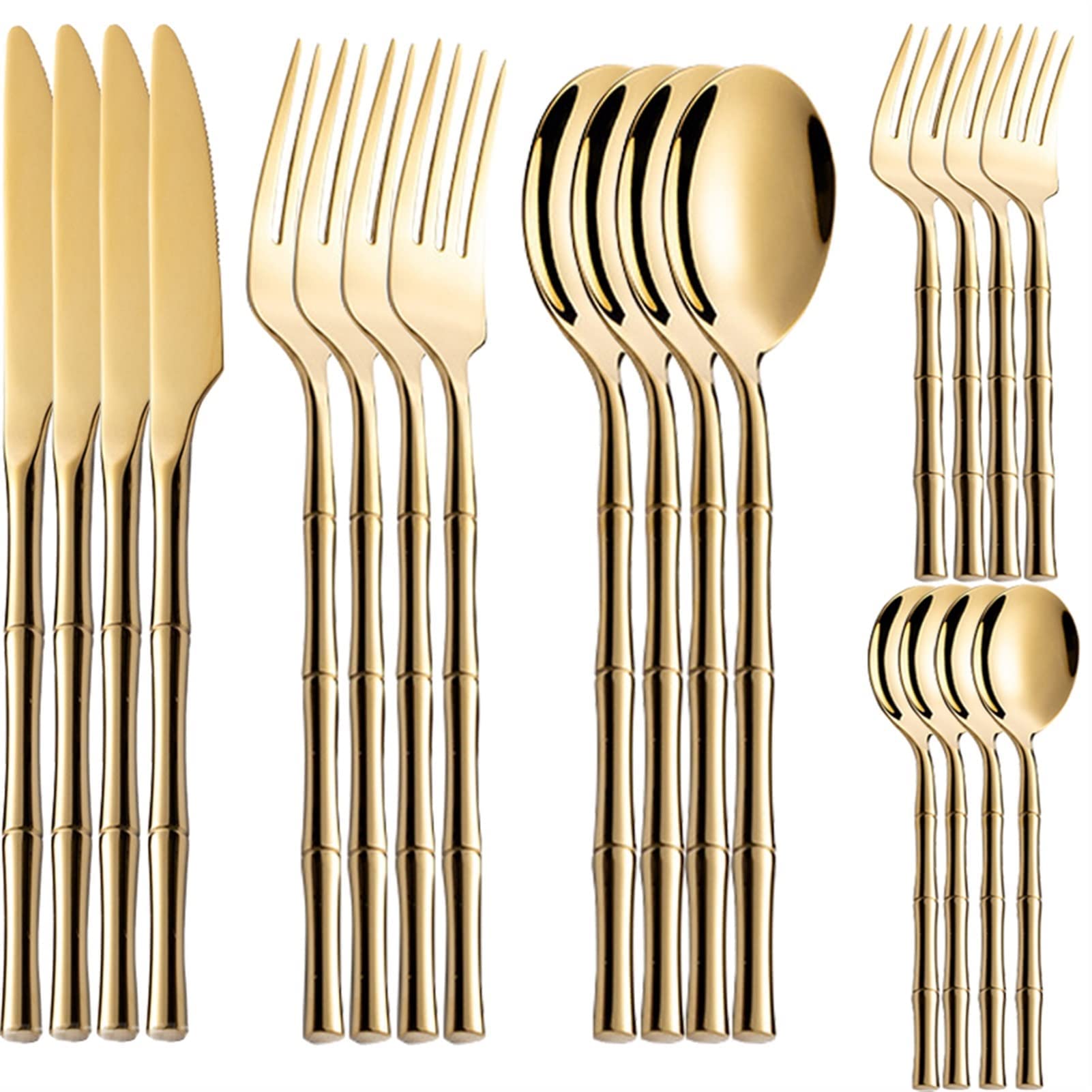 Juegos de cubiertos 20 piezas de cubiertos con forma de bambú dorado, juego de mesa, vajilla para cena, vajilla para comedor, cuchara, cuchillo, tenedor de postre, decoración para lavavajillas.