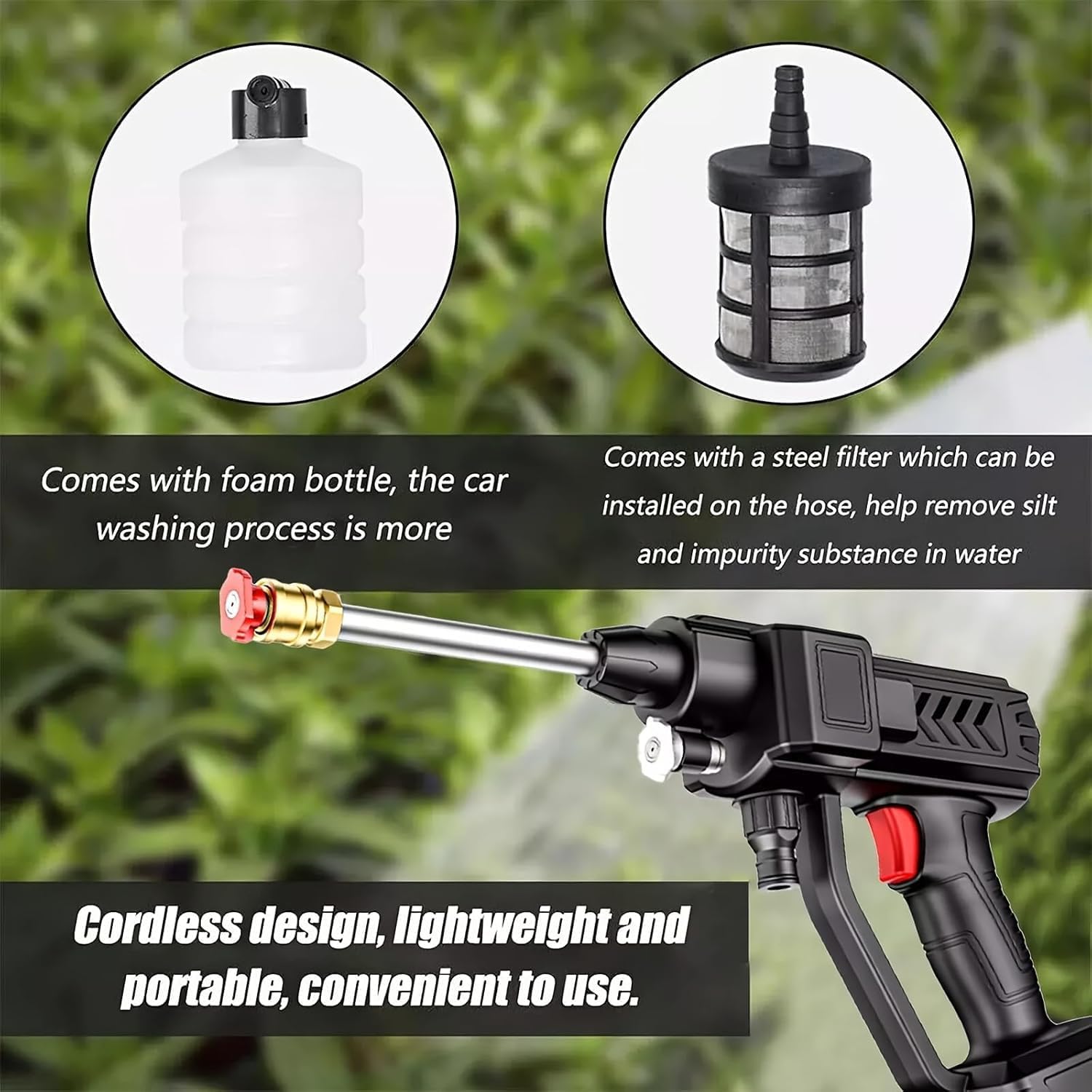 Cordless Portable High Pressure Spray Water Gun,Cordless Pressure Washer,6-in-1 Nozzle High Pressure Washer Gun,Handheld Multifunctional Electric Car Washer,for Car Wash,Garden (One Battery) Product Image 2