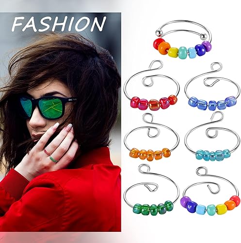 Miniatura 7 de 7 anillos giratorios ajustables, anillo de dedo de acero inoxidable con cuentas, anillo de alivio del estrés para mujeres, Metal