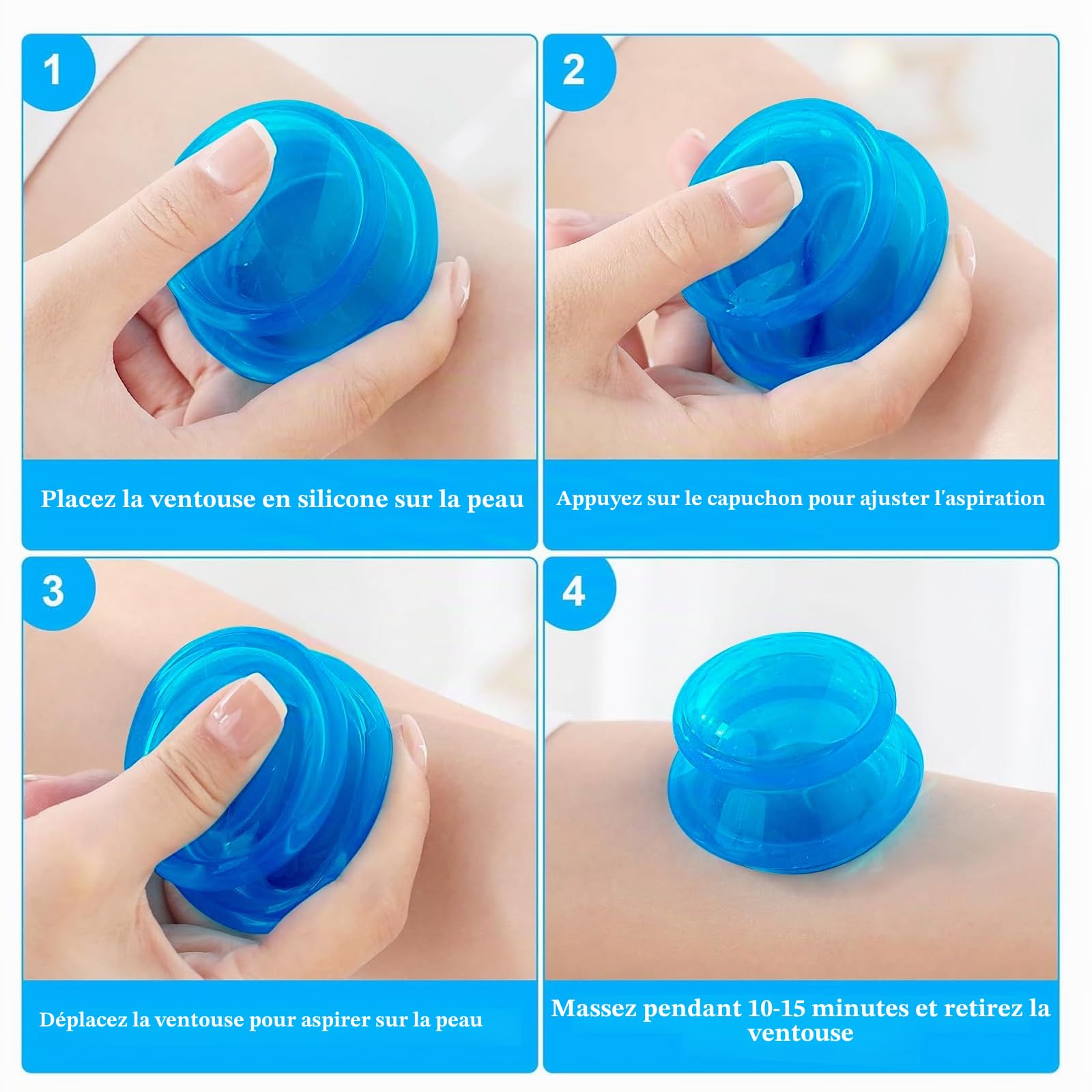 Ventouses en Silicone, Lot de 4 ventouses en silicone anti-cellulite - Appareil de massage pour le corps - Kit de massage sous vide - Anti-âge - Pour le visage et tout le corps (bleu)
