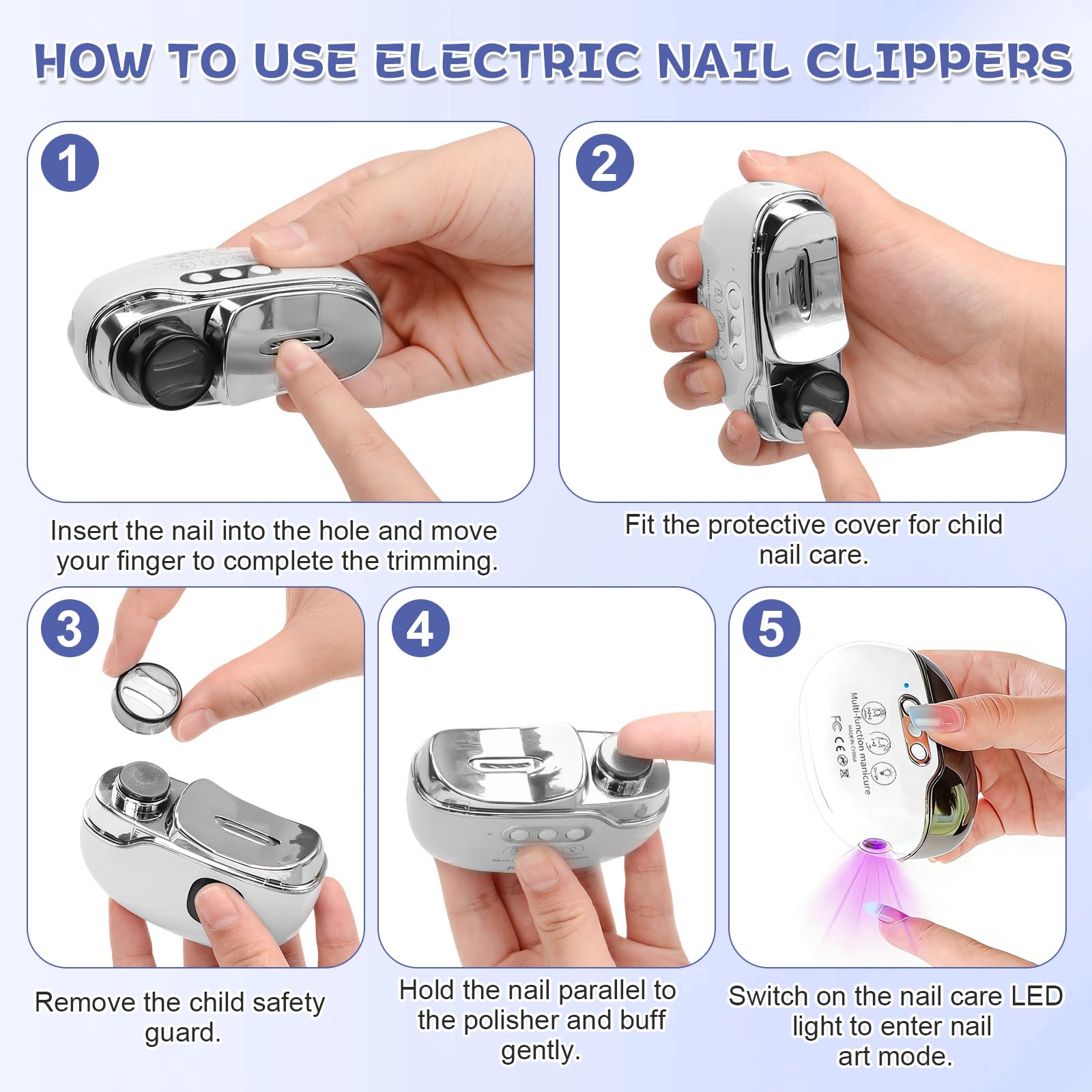 4 in 1 Elektrischer Nagelknipser, Einstellbarer Elektrische Nagelfeile, Nagelknipser Elektrisch mit Nagellampe, Tragbare Nagelfeile für Kinder, ältere Menschen, Erwachsene, Maniküre(A)