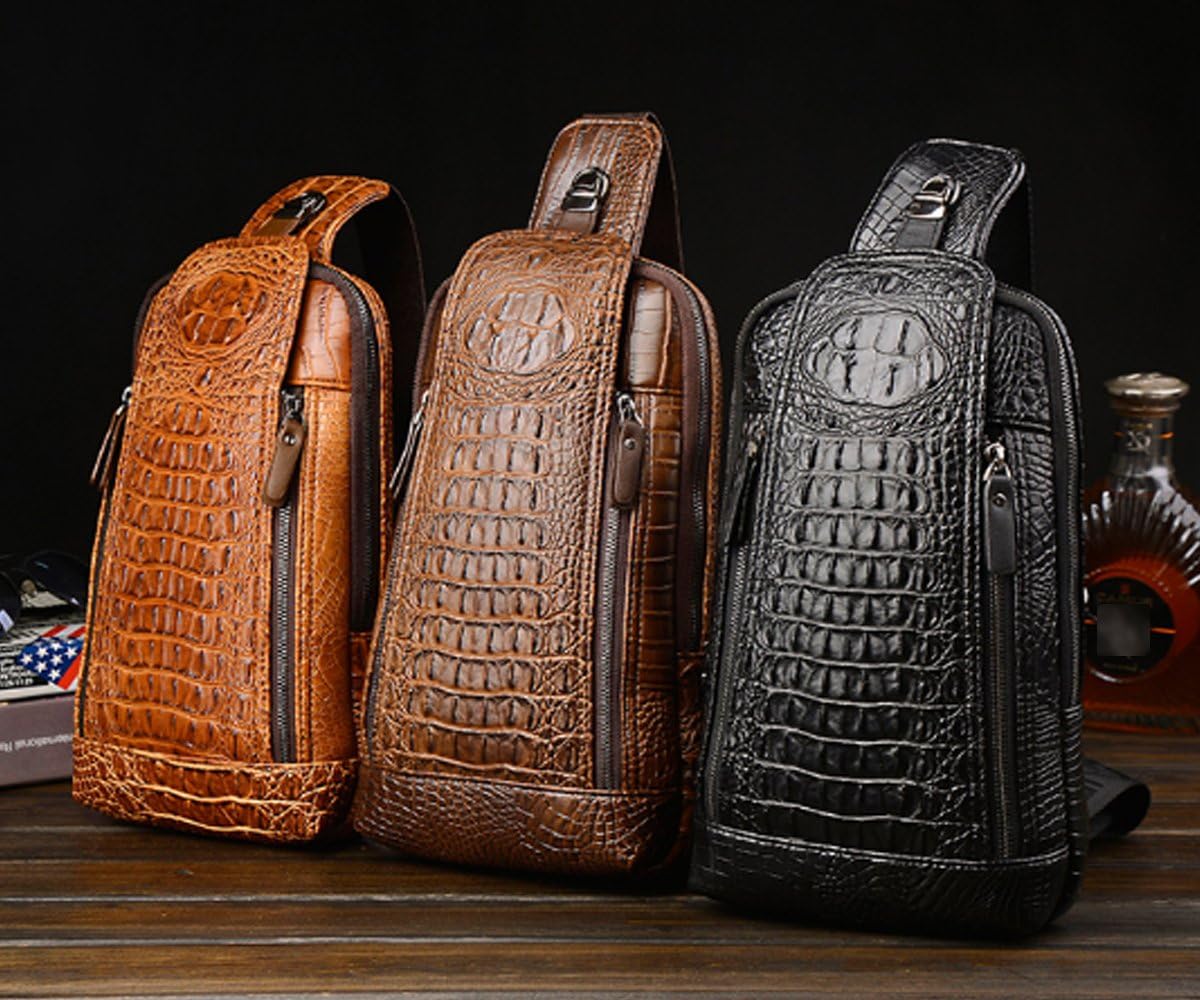 Mens Sling Bags Crocodile PU Shoulder Crossbody Chest Bag Satchels Hiking Daypack Brown