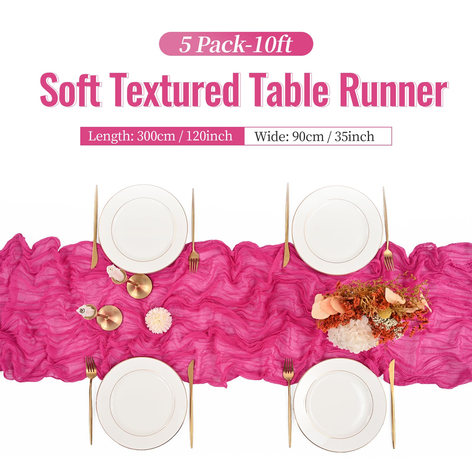 5 caminos de mesa de gasa rosa intenso, 35 x 120 pulgadas, decoración rústica bohemia para bodas, fiestas, despedidas de soltera, Acción de Gracias, Navidad, cumpleaños