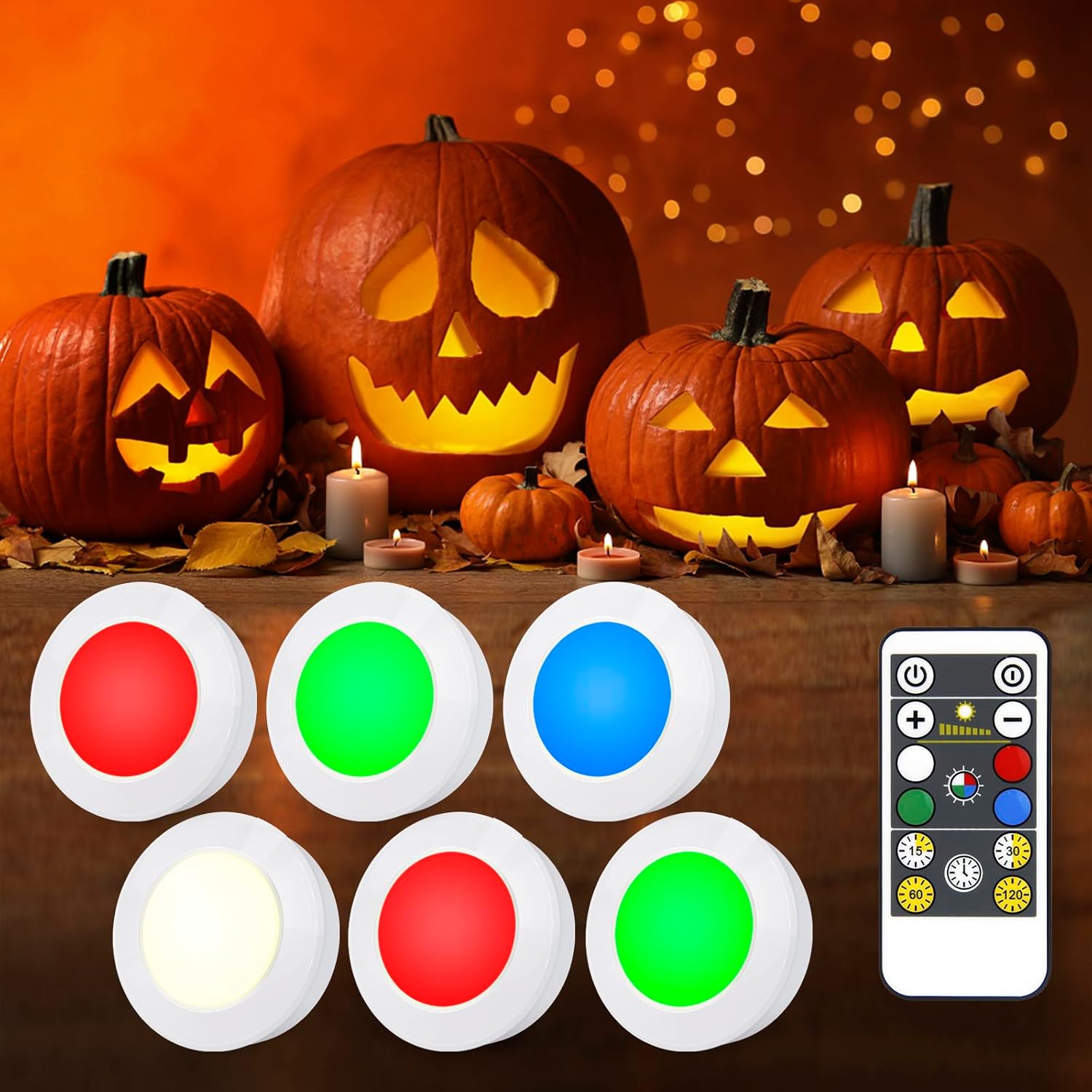 Wireless LED Puck Lights with Remote(6-Pack), Battery Operated Under Cabinet Lights,Color Changing Stick On Light,Dimmable Tap Light for Closet Kitchen Counter,Halloween Pumpkin Lights with Batteries