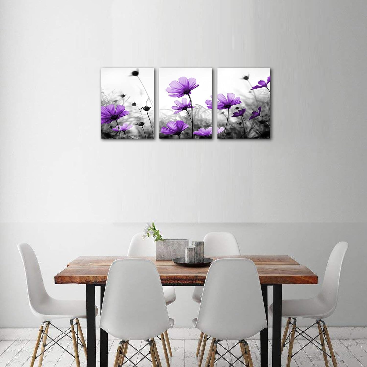 lianyibo 3-częściowe kwiaty sztuka ścienna obrazy na płótnie fioletowe polne kwiaty czarno-białe tło plakat nadruk dekoracja salonu (50 x 75 cm x 3/bez ramy)