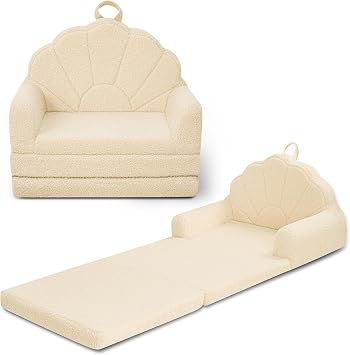 Airpanda Kids Chair, 2-in-1 Soft Couches that Fold Out for Kids Convertible Sofa for Playroom with Cute Petal Design, Beige