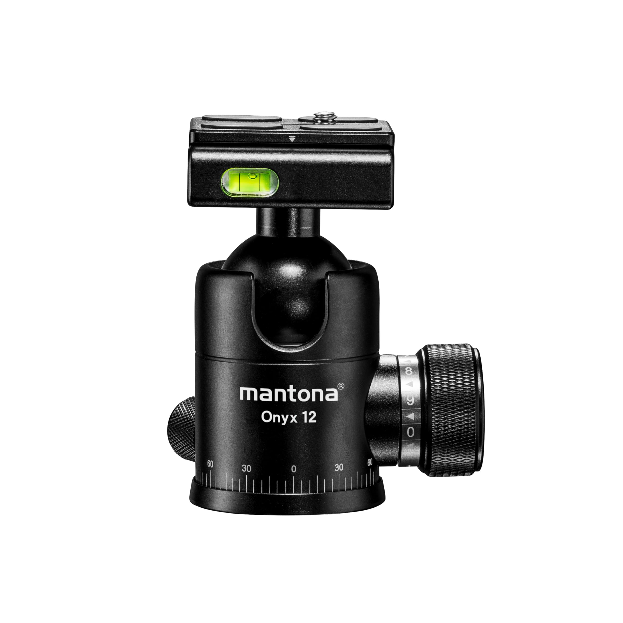 Mantona Onyx 12 Kugelkopf (M1-3612A), Stativkopf aus Aluminium mit Arca-Swiss kompatibler Schnellwechselplatte 50 mm, 360° Panorama-Funktion & 3 Wasserwaagen