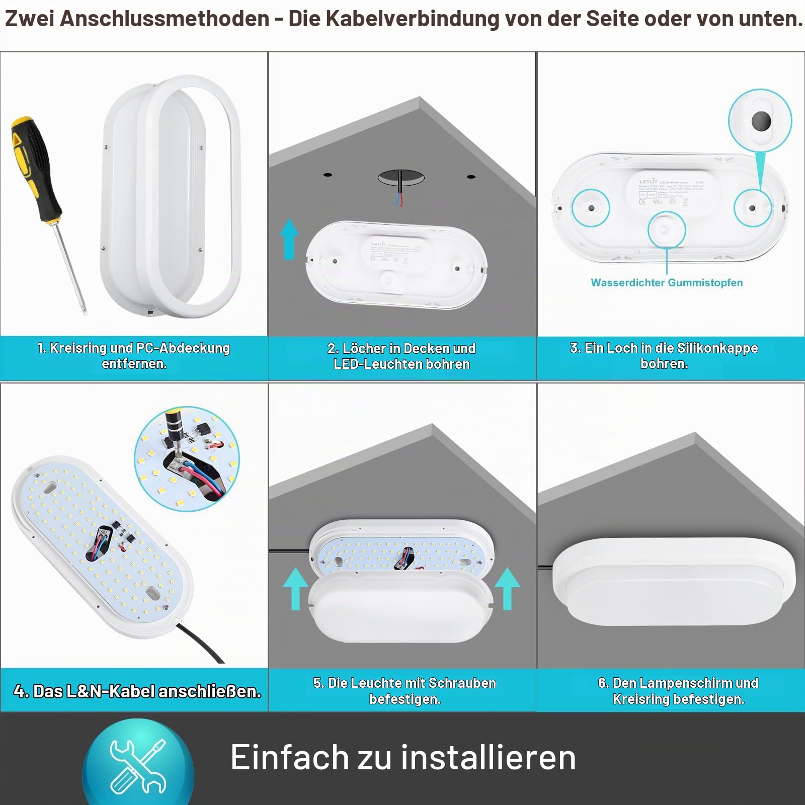 LED Kellerlampe 2 Stück, 18W 1800LM Ovalleuchte Deckenleuchte Wandlampe, IP54 Wasserdicht Feuchtraumleuchte, Neutralweiß 4000K Deckenlampe für Badzimmer Garten Garage Flur Keller Werkstatt