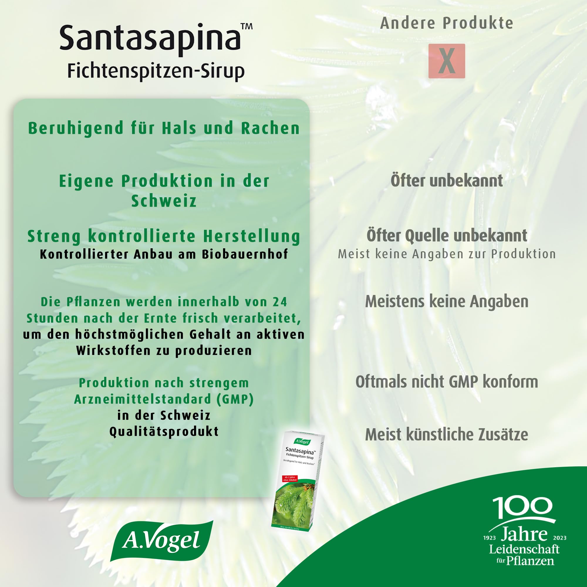 A.Vogel Santasapina Fichtenspitzen Sirup 6 x 200 ml, beruhigend für Hals und Rachen, ohne Alkohol und Zuckerzusätze, für Erwachsene und Kinder ab 2 Jahren