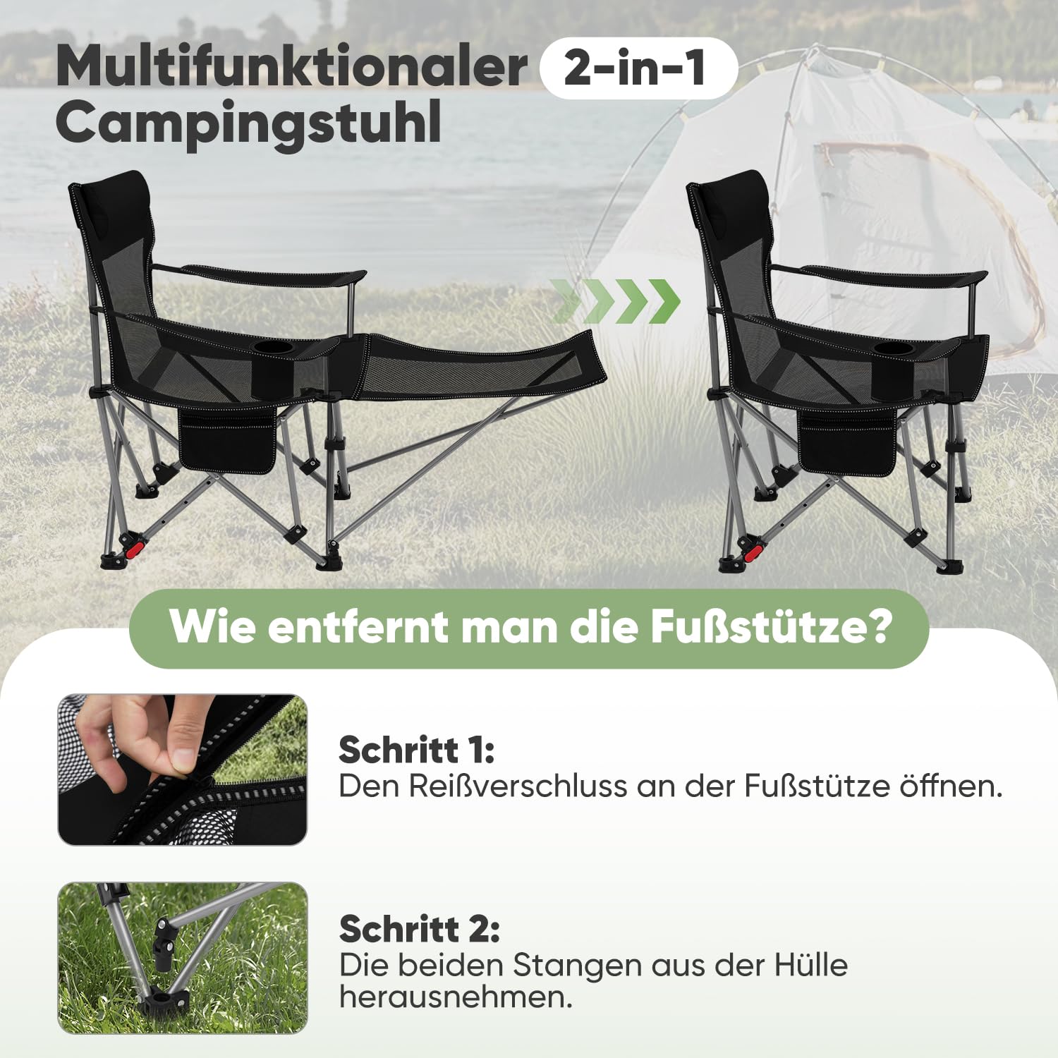 Sunula Campingstuhl Faltbar mit Fußstütze,2-in-1 Klappstuhl verstellbare Rückenlehne,mit Kissen,Getränkehalter und tragbarer Tasche, leichter Strandstuhl für Picknick,Camping,Angeln,und Garten Schwarz Sport & Freizeit