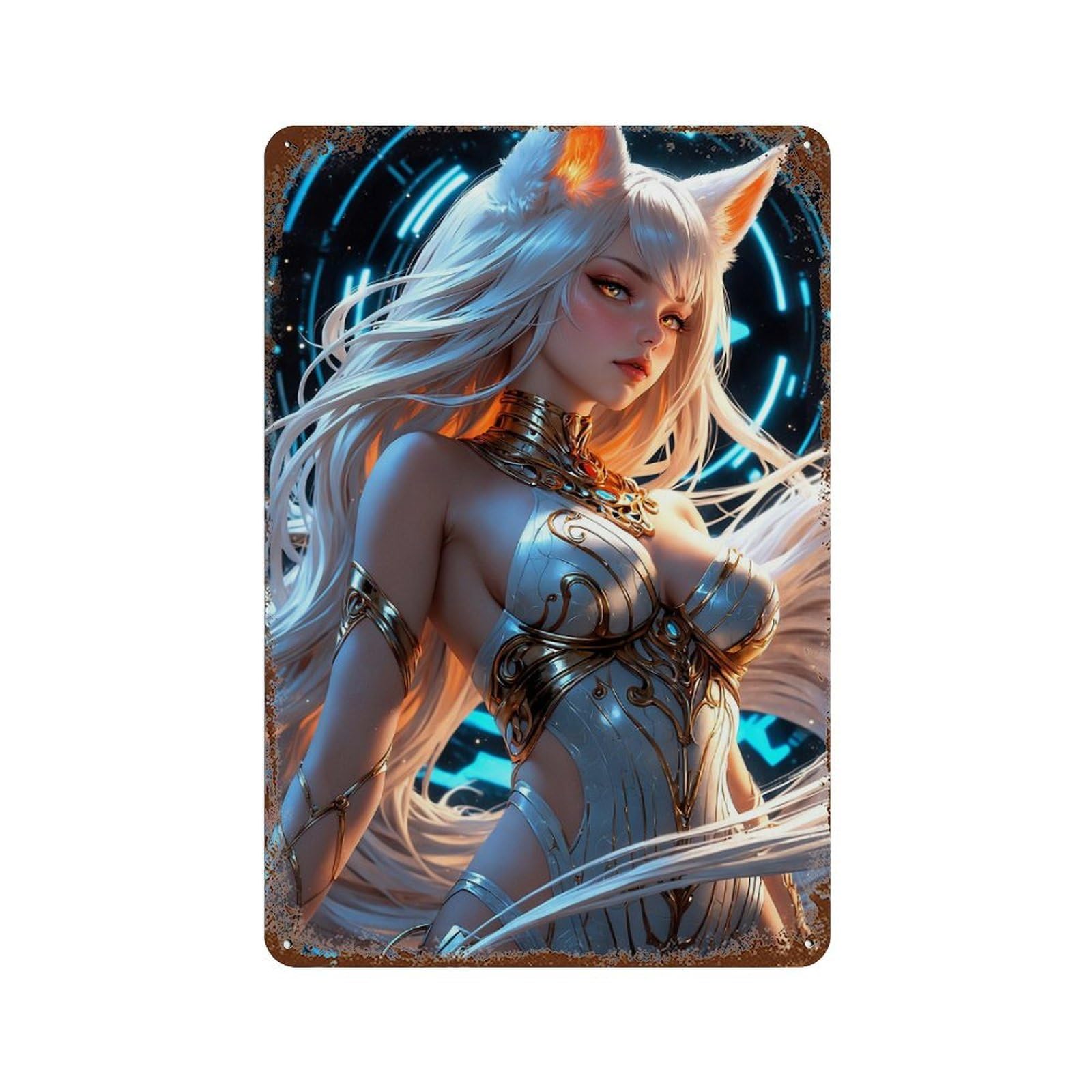 Anime Fox Girl with Background Aged Metal Wall Plaque 11.8"x7.9", Rustic Home Decor for Garage, Pub Or Kitchen
