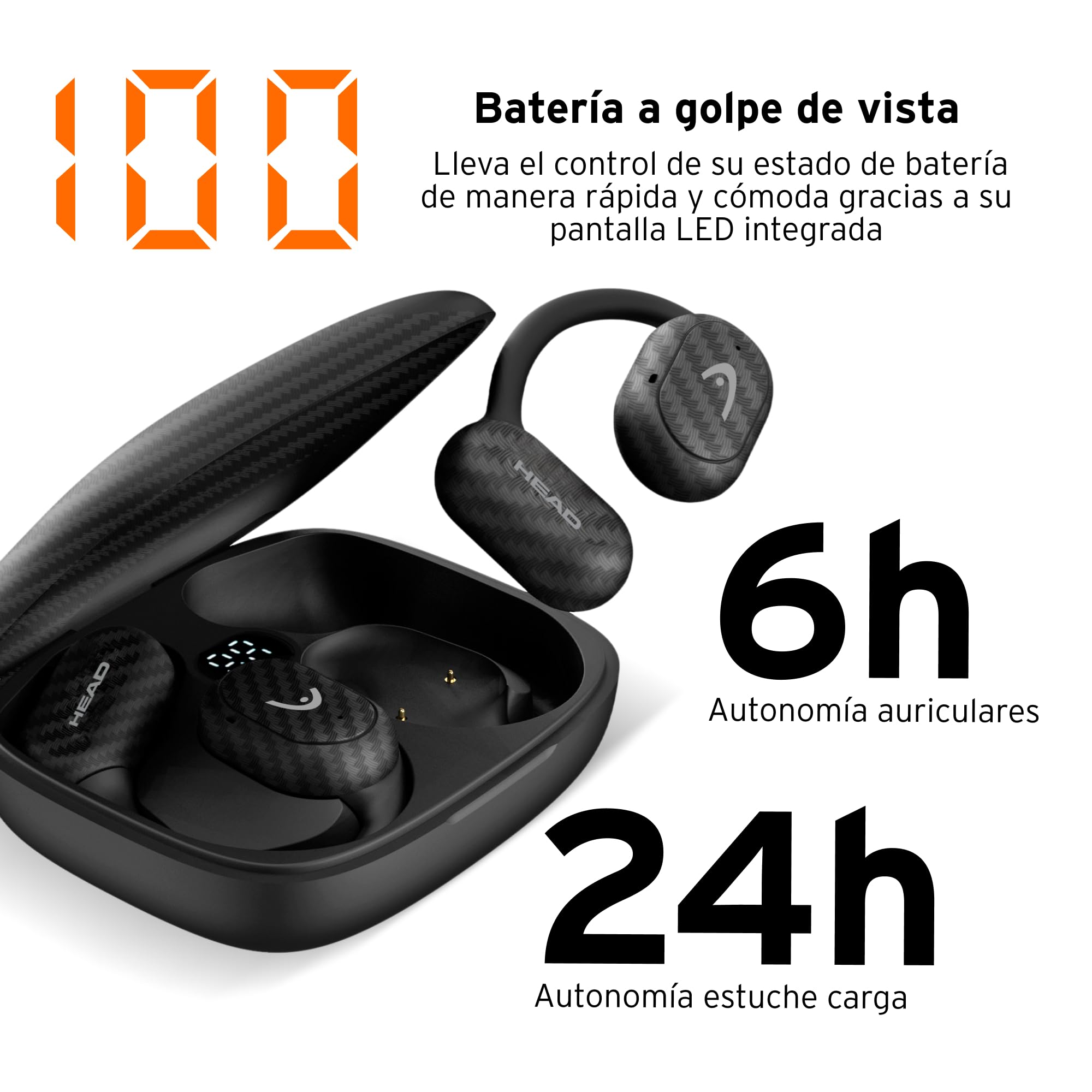 HEAD Auriculares Inalámbricos Deportivos con 6h de Reproducción - Diseño Open Ear para Running - Cascos Resistentes al Sudor para Correr