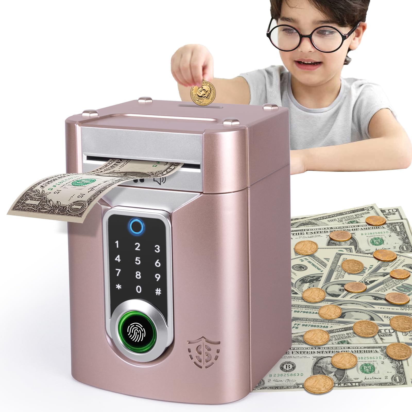 Refasy Touchscreen Piggy Bank ATM Bank Toy for Kids Age 3-12, Electronic Money Bank Coin Bank with Music Kids Safe Birthday Xmas Gifts Toys for 3 4 5 6 7 8 9 10 11 12 Year Old Boys Girls (Rose Gold)